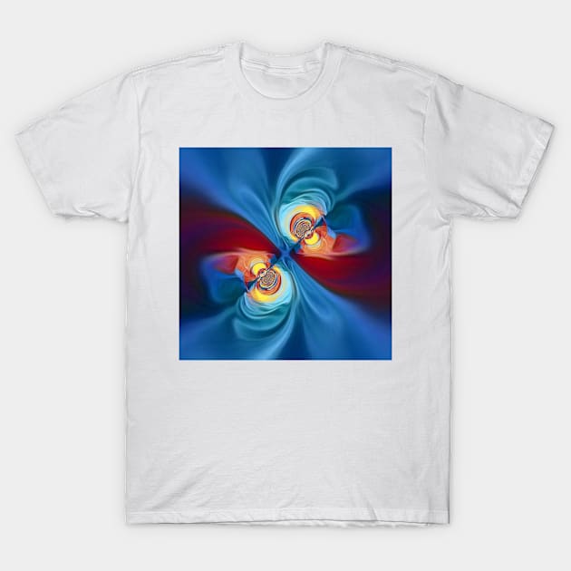 brightly coloured pattern in turquoise blue yellow and red twisting design T-Shirt by mister-john